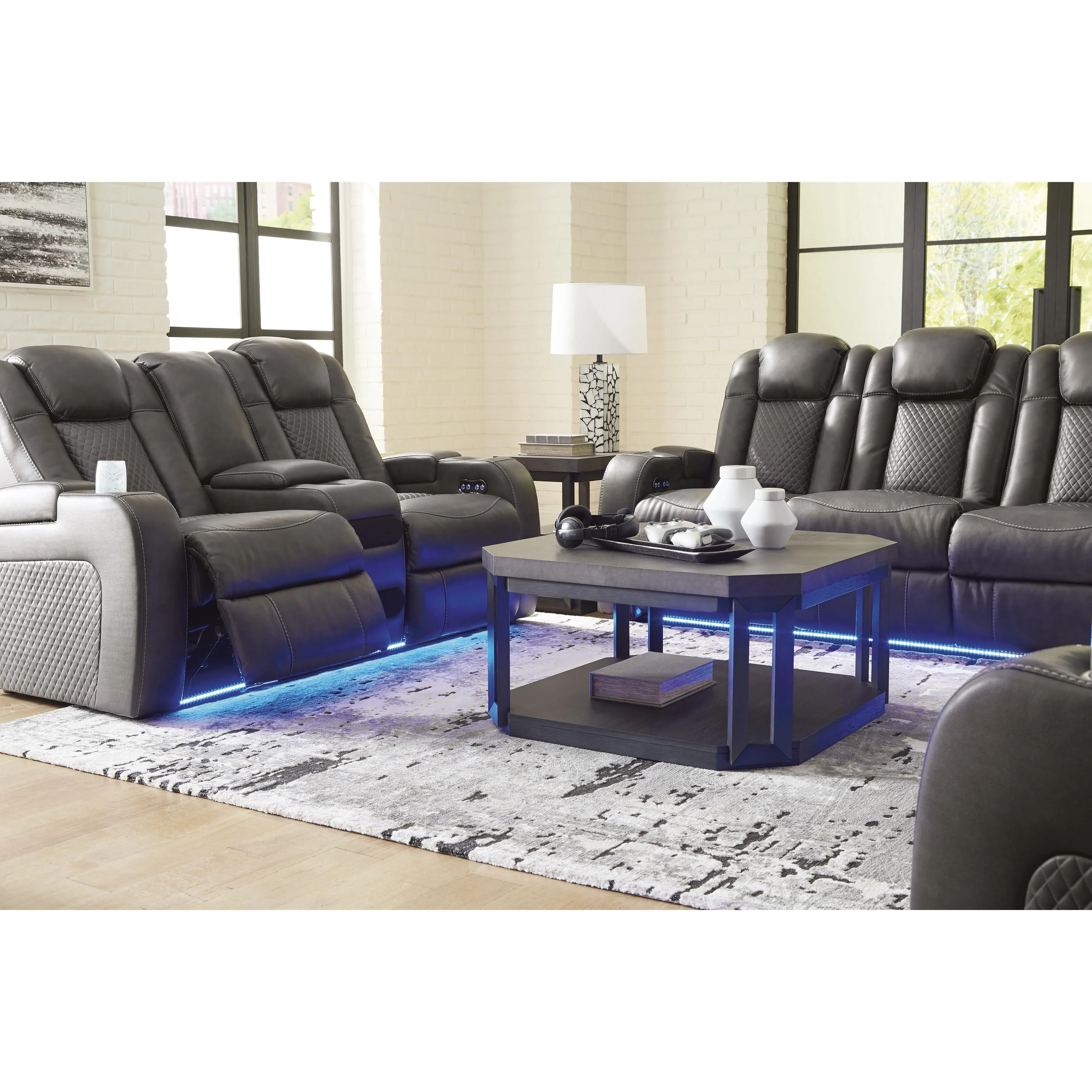 Signature Design by Ashley Fyne-Dyme Power Reclining Leather Look Loveseat with Console 3660218