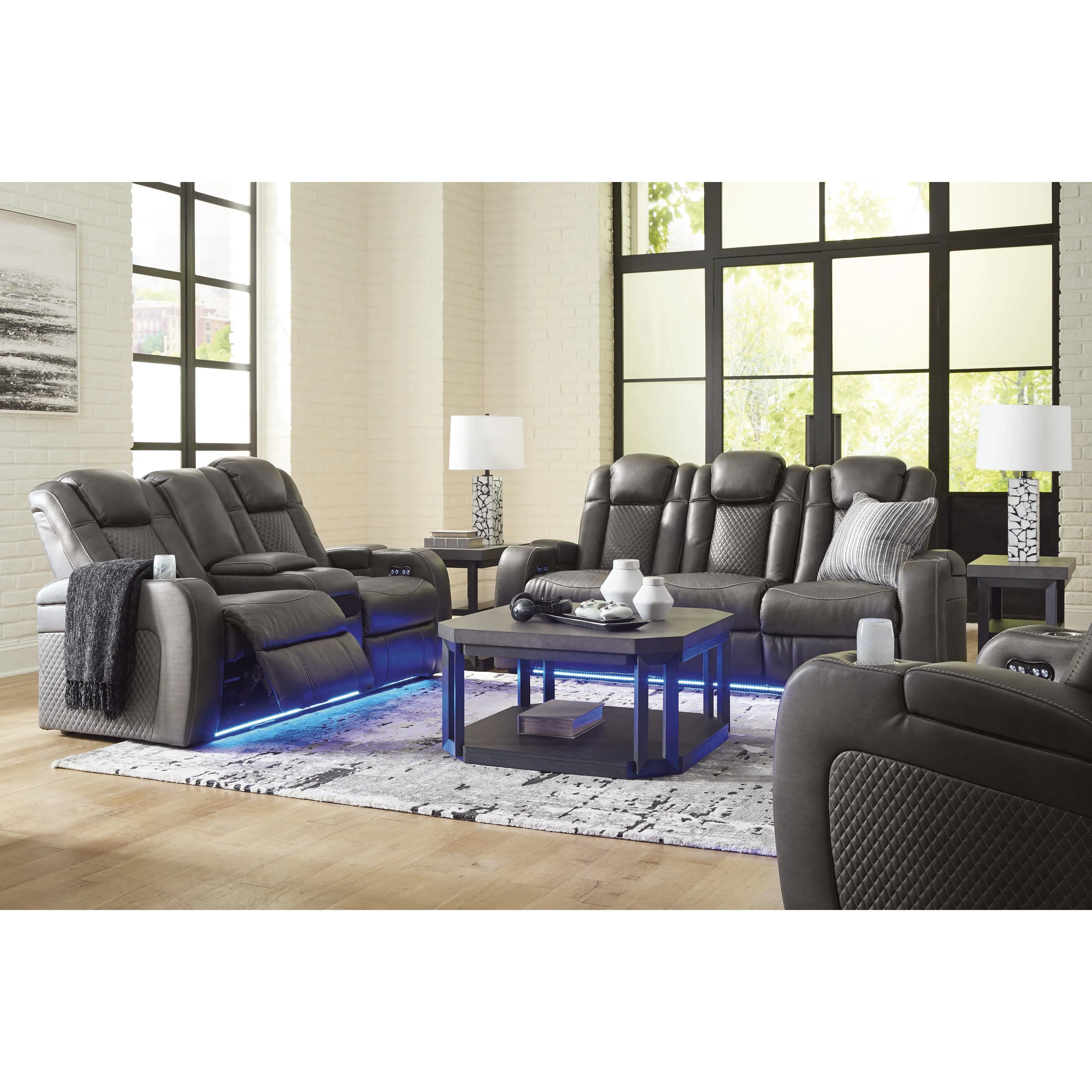 Signature Design by Ashley Fyne-Dyme Power Reclining Leather Look Loveseat with Console 3660218