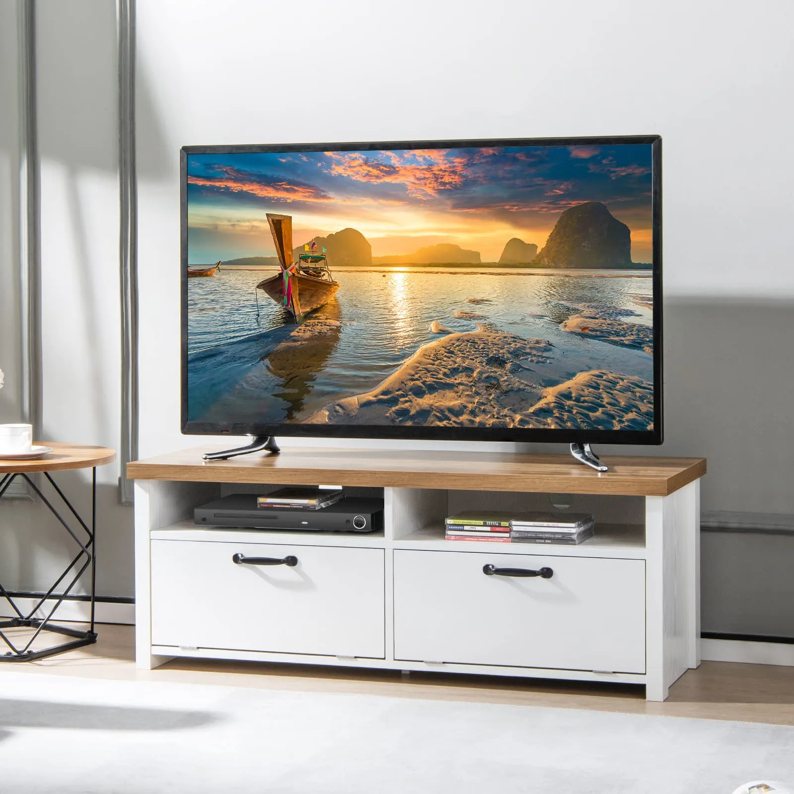 Tangkula TV Stand for 48-Inch TV, Modern TV Console Table with 2 Open Shelves & 2 Enclosed Cabinets