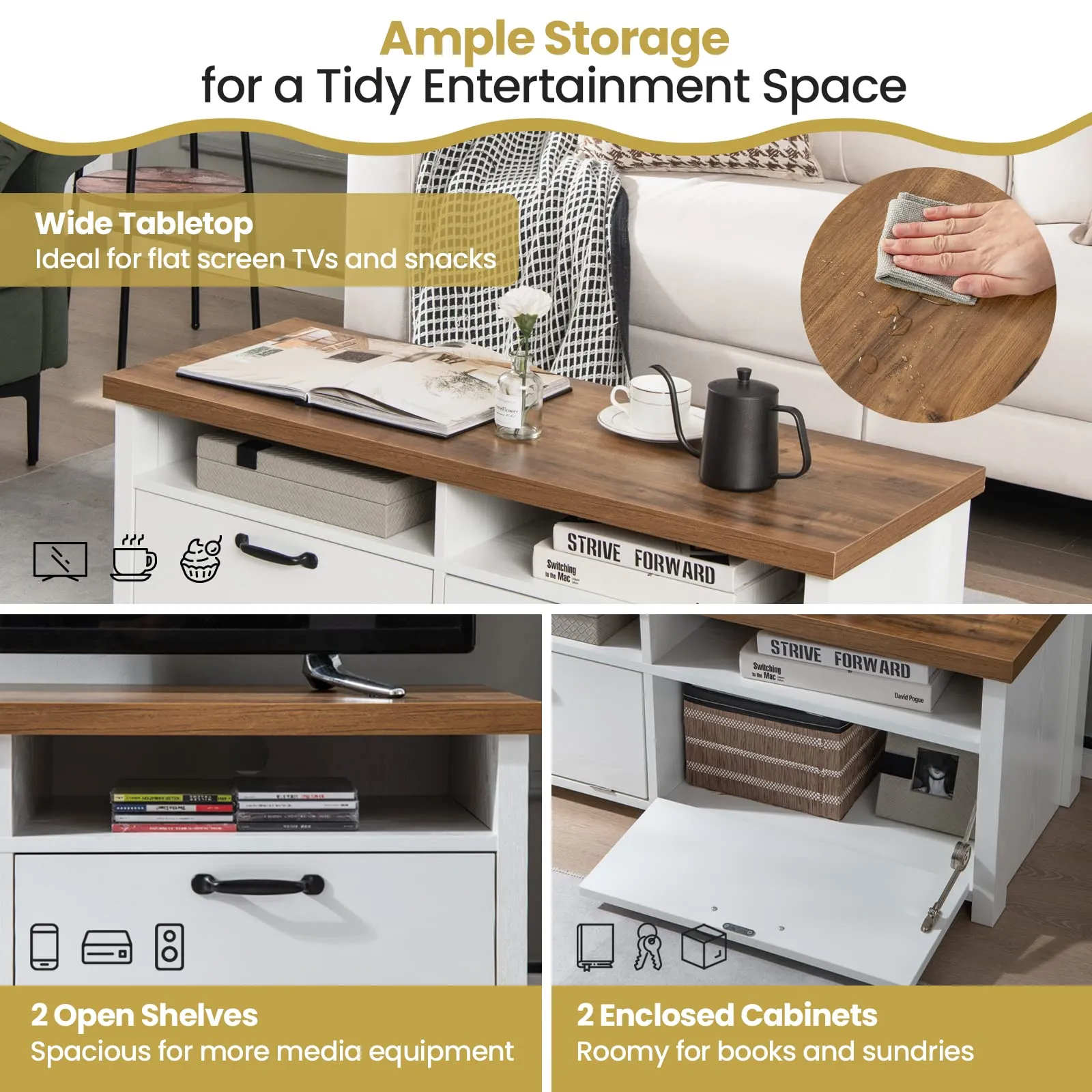 Tangkula TV Stand for 48-Inch TV, Modern TV Console Table with 2 Open Shelves & 2 Enclosed Cabinets