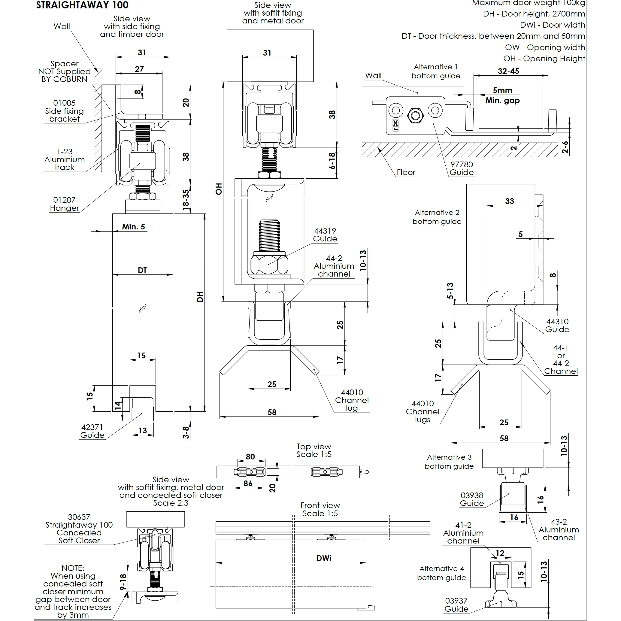 Top Hung Straight Sliding Single Door Kit - Max Weight 100kg - Max Door Width 950mm - 1.8m Track - With Soft Close and Soft Open
