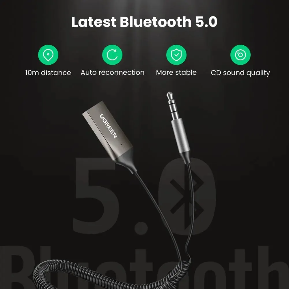 UGREEN 70601 Aux to Bluetooth 5.0 Adapter, 3.5mm Bluetooth Receiver for Car with Built-in Mic Aux Input for Hands-Free Calls